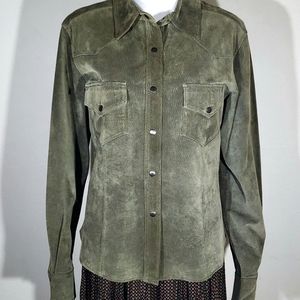VTG SAKS FIFTH AVENUE Dark Olive Green Suede Leather Snap Shirt